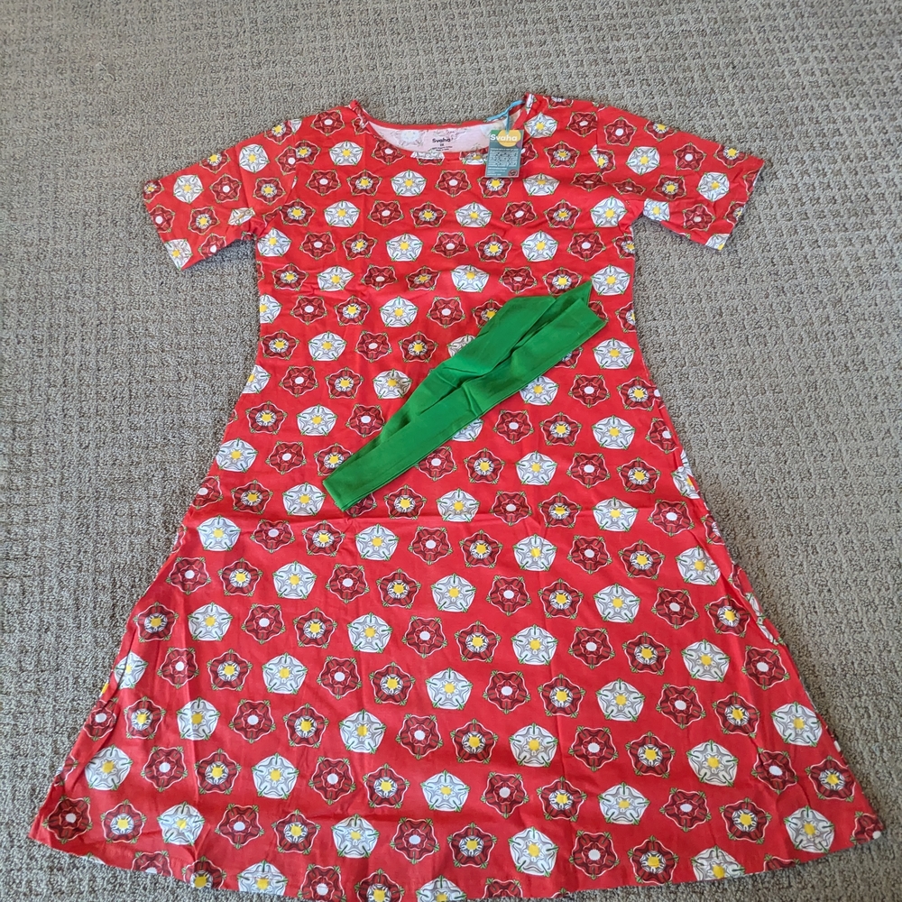 Svaha Red Floral Dress with Green Sash Belt